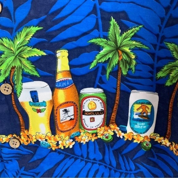Vintage Maui Maui Hawaii Blue Beer Tropical Palm Short Sleeve Camp Shirt Men's M - Picture 3 of 8
